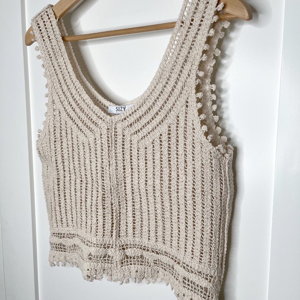 Crocheted Lacy Fringed Cotton Cropped Tank Top in Cream - Picture 2 of 7